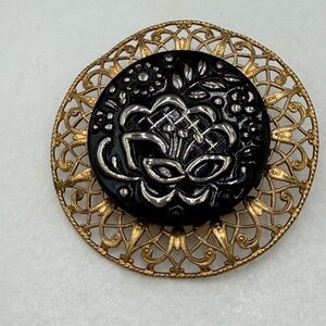 Vintage Art Glass  Black and Gold Brooch